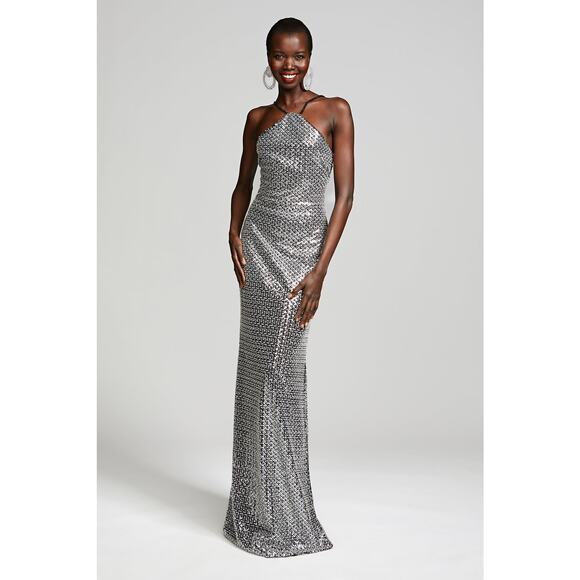 Halston Dresses & Skirts - Halston Yeva Silver Crystal Sequin Long  Gown Dress Size 12